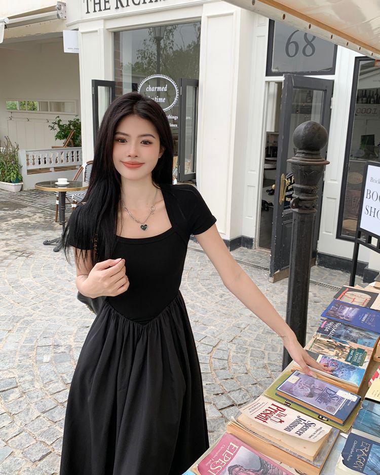 Hepburn Style Square Neck Black Slimming Spliced Dress
