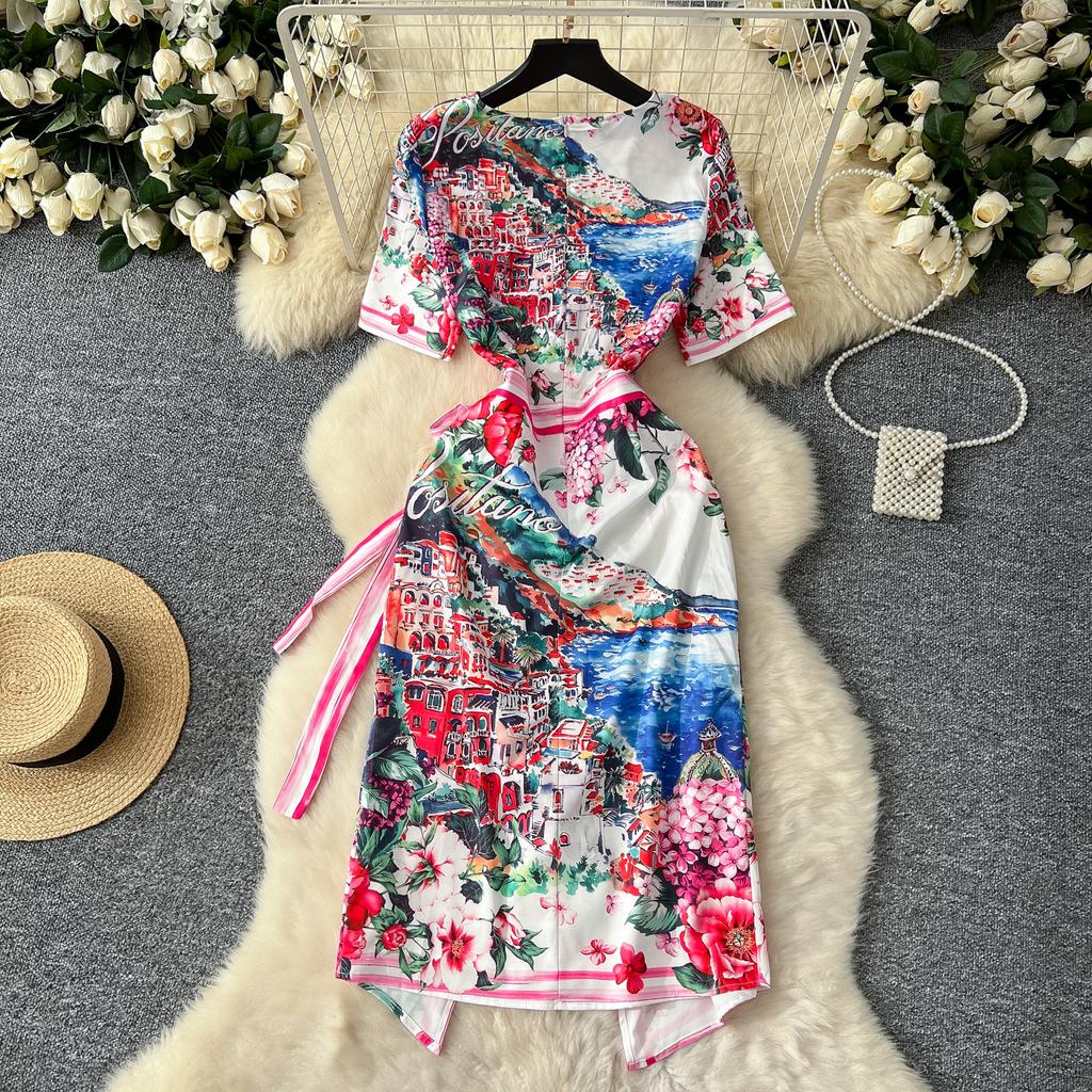 Sommer Damen Designer Vintage Print Laufstegkleid Kurzarm Schnürung Slim Bodycon Party Bleistiftkleider