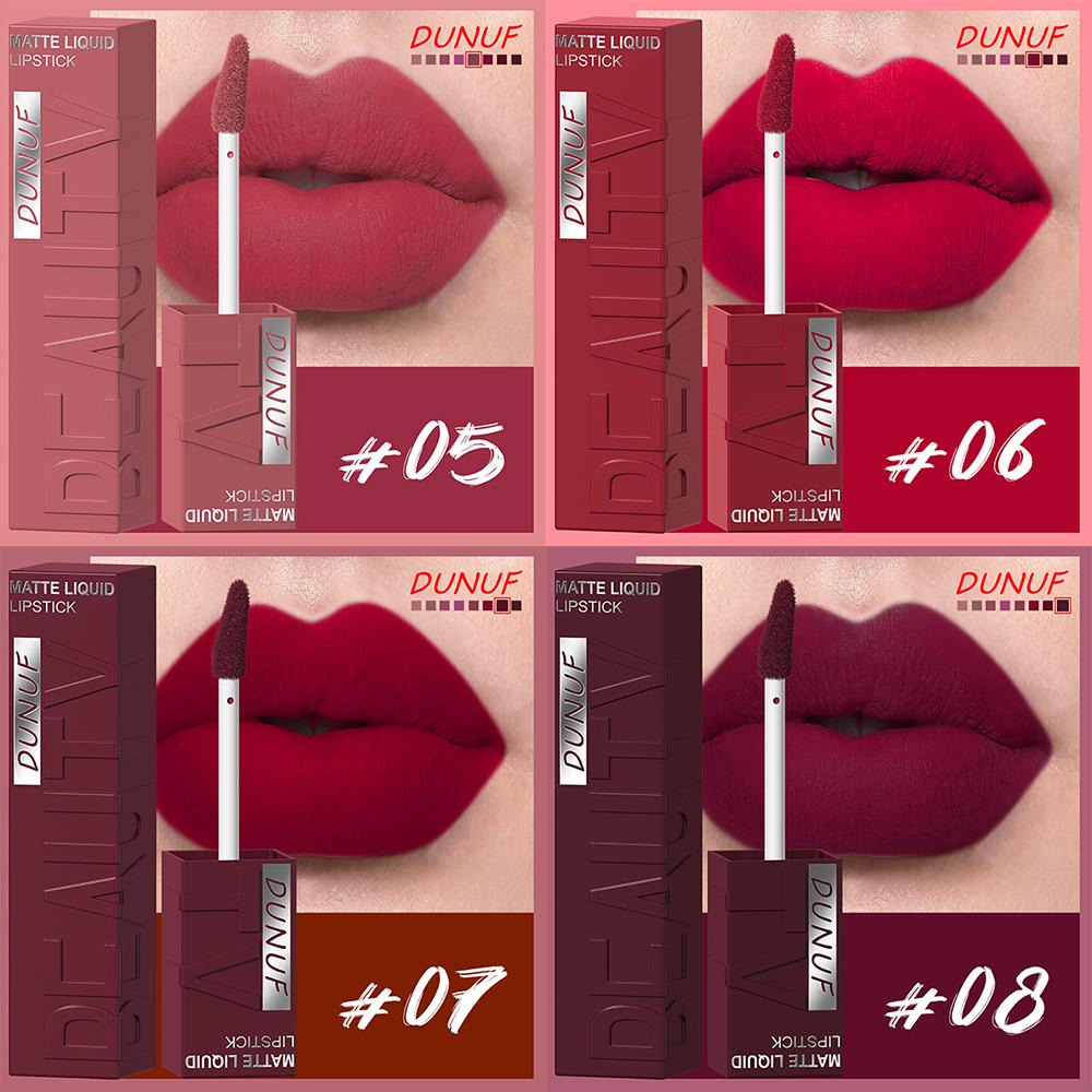 DUNUF 8-farbiger matter Samt glatter einfach aufzutragender quadratischer Tuben-Lippgloss wasserfester dreidimensional aufpolsternder Lippenstift