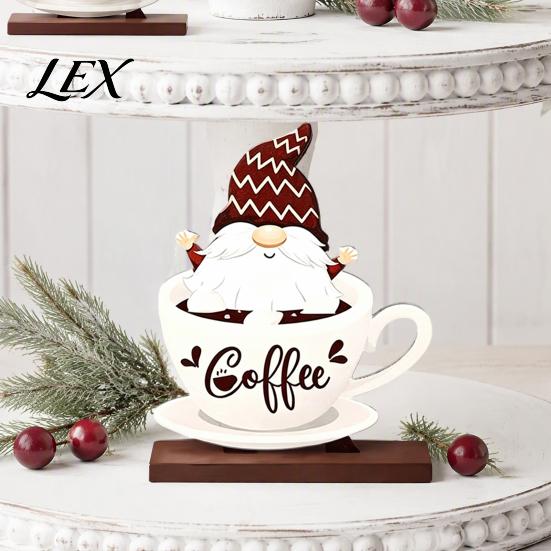 Coffee Lover Gift Ideas Bar Table Ornament, Wooden Theme Stand with Stable Tabletop Displays Base, Retro Farmhouse Tray for Kitchen Station Countertop