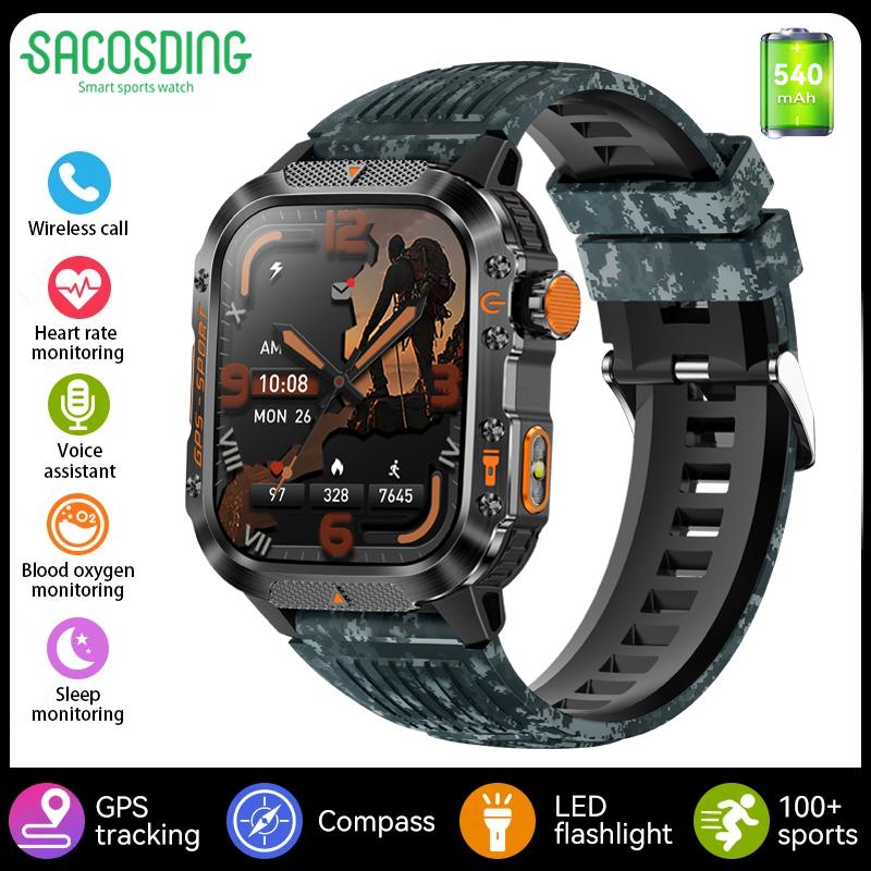 SACOSDING GPS Outdoor Sports Compass BlueTooth Call Smart Watch Waterproof Flashlight Heart Rate Health Smartwatch Information Reminder