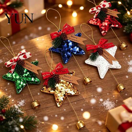 Durable Polyester Ornaments Glitter Star Bell Ornaments, Sequin Hanging Decoration with Bow Pine Reusable Holiday Cone, Sparkly Christmas Tree Pendant