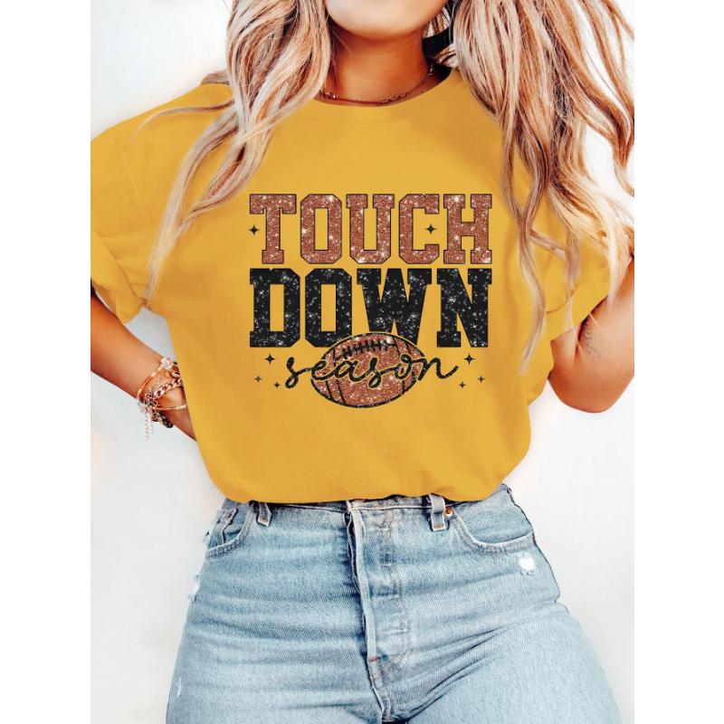 Women's Casual Round Neck Short Sleeve Olive Green Football Letter Print T-Shirt