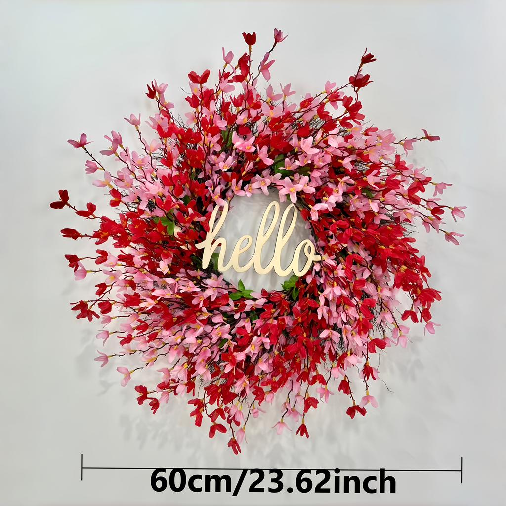 Valentine's Day Wreath Pink and Red Artificial Floral Wreath, Paired with a 'Hello' Sign Wooden Plaque Decoration
