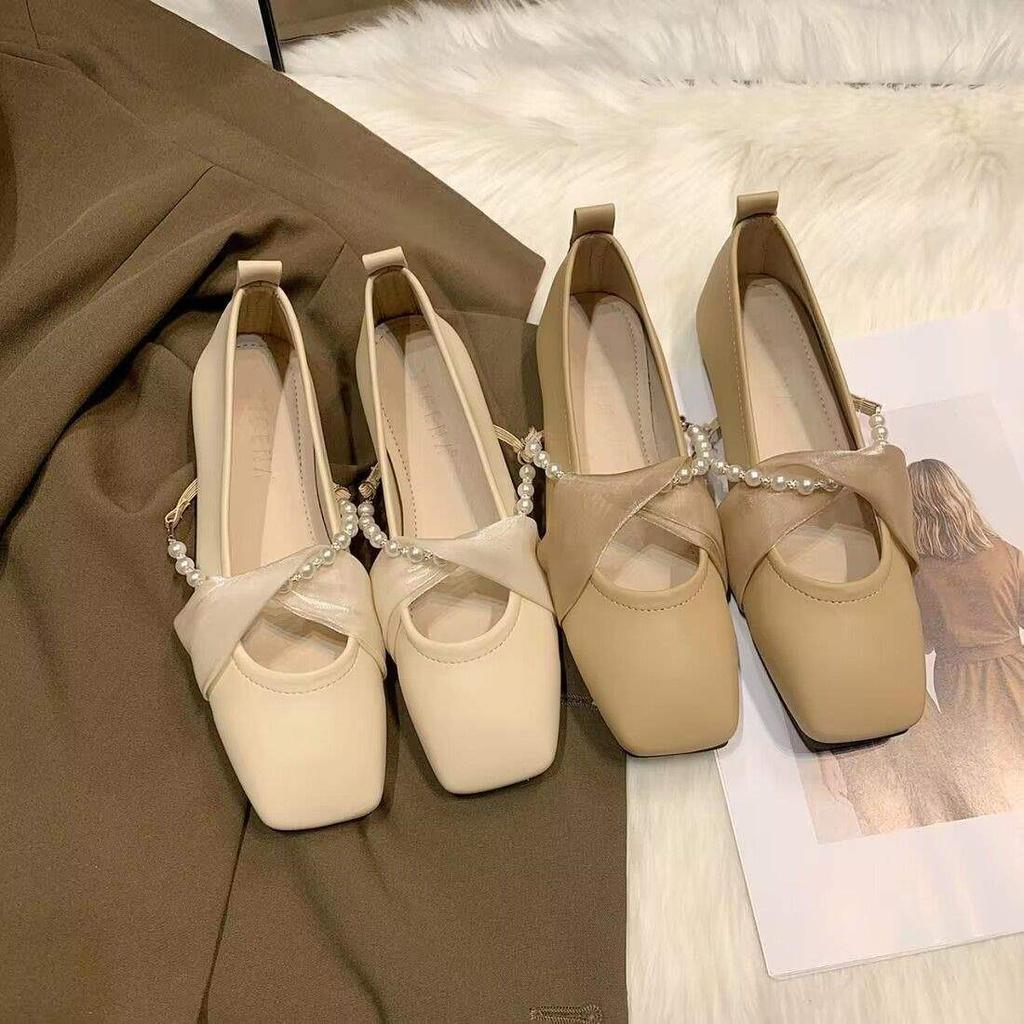 Single Shoes Women's Flat Bottom Versatile Pearl Sweet Shallow Mouth Spring New Lace Ballet Beanie Shoes Lady Style Grandma Shoes