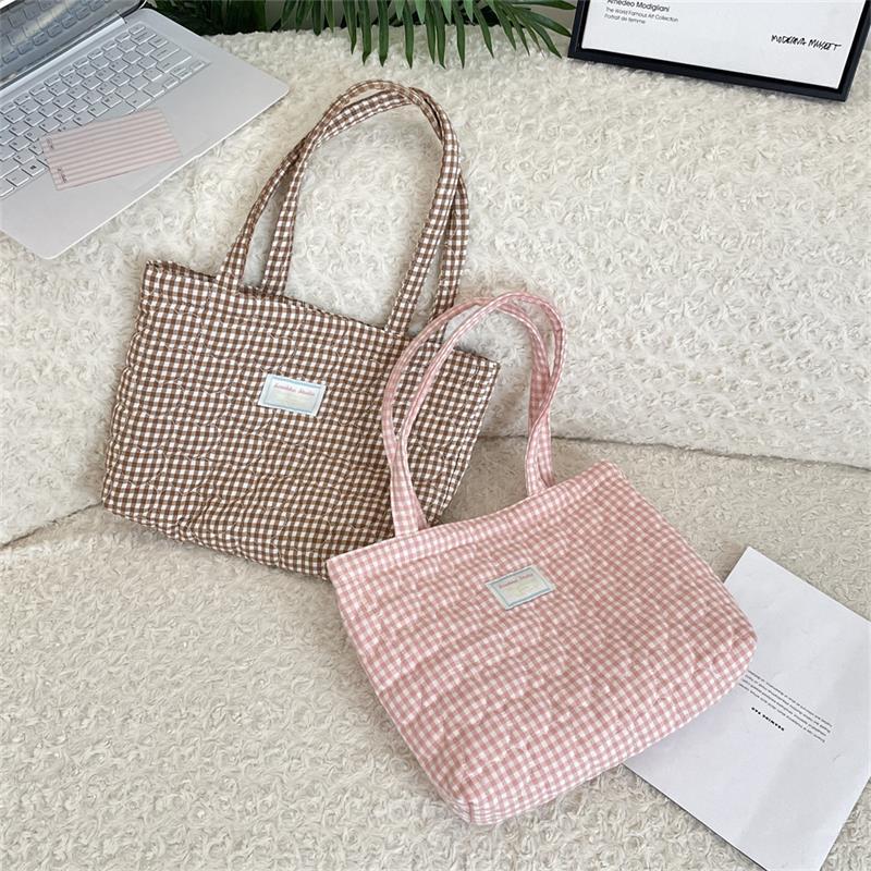 Cute Quilted Padded Heart Plaid Shoulder Bag Handbag Large Capacity Casual Commuting Tote Bag Storage Bag Girl Heart Clutch Gift