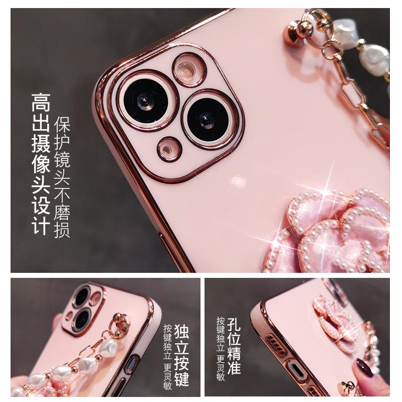 Camellia Applicable Apple 15 Mobile Phone Case Electroplated iPhone14 Pearl 13Promax Bracelet 12 Protective Case 11