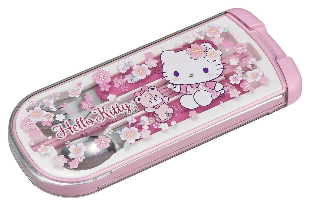 OSK Cutlery Hello Kitty Sakura with and Made in Sliding Dishwasher Easy to for Girls and Children Set, Design, Pull-Lid Trio, Chopsticks, Spoon, Fork,