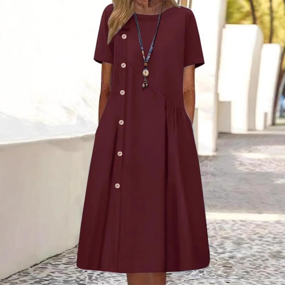 Women's Solid Round Neck Short Sleeve Button Decorative Waist Pocket Dress Pocket Dress