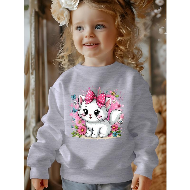 European sizes Kids' Fashionable Crew-Neck Sweatshirt with Cute Cat Print And Flower Bow Tie Design, Suitable for Everyday Wear And Casual Activities