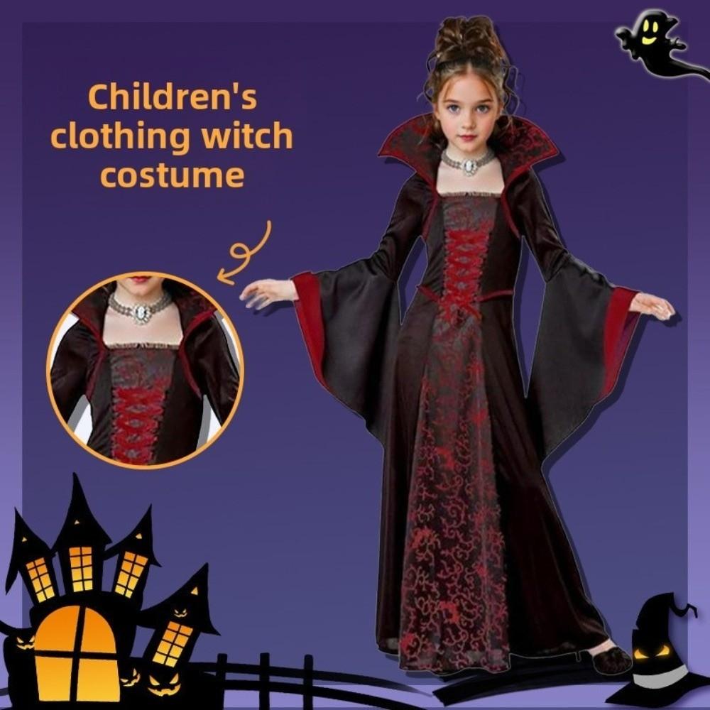 Stand Collar Halloween Witch Long Dress Bell Sleeve Children Medieval Printed Dress  Adults
