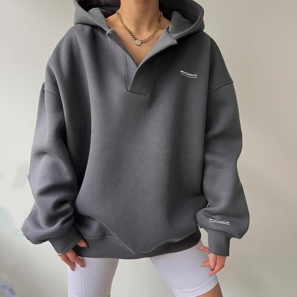 Damen Langarm Kapuzenpullover V-Ausschnitt Lockere Pullover Damen Tops Einfarbig Sweatshirts