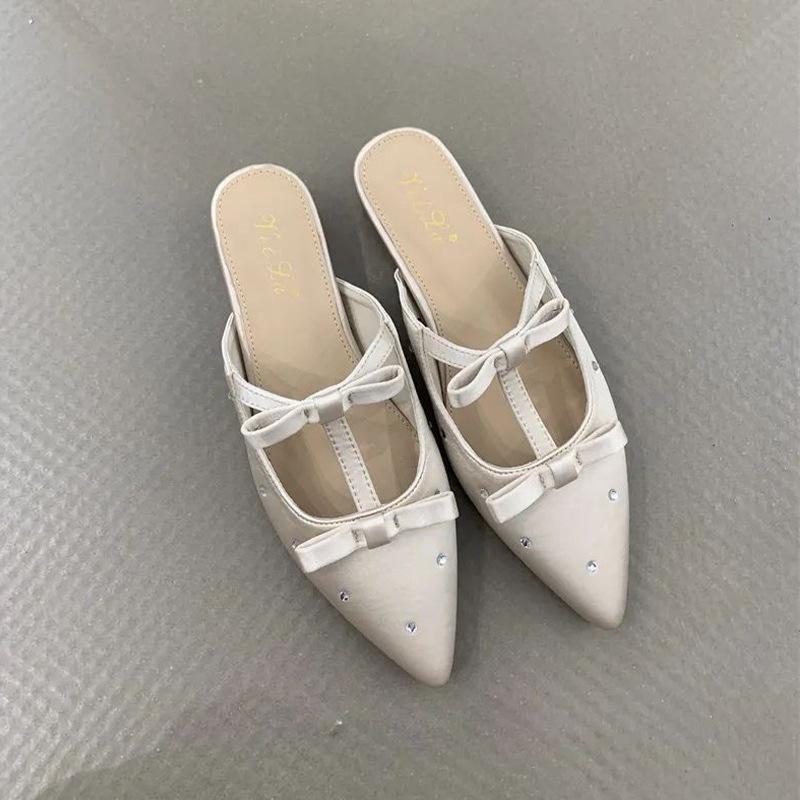 Gentle Fairy Bag Head Half Slippers Spring Fashion French Temperament Elegant Satin Bow Pointed Wedge Slippers