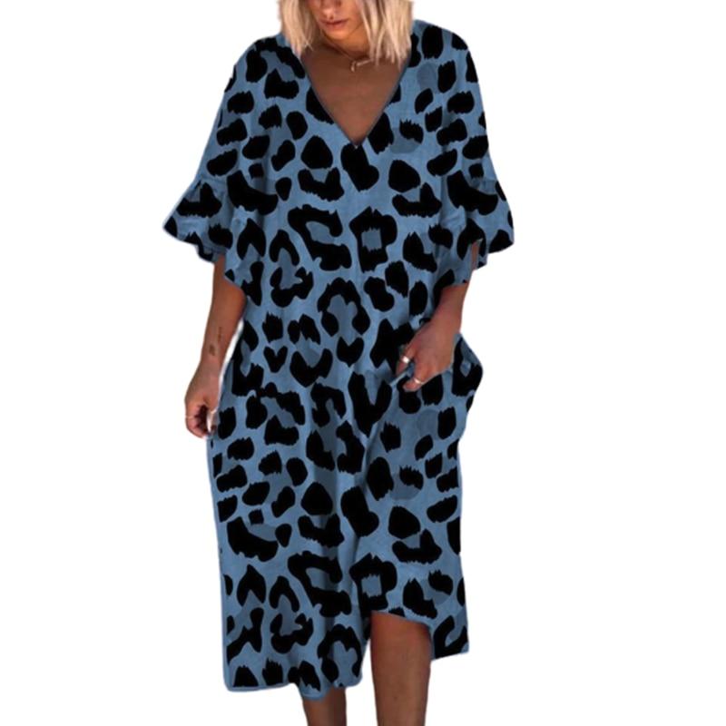 Plus Size Leopard Mid Long Dresses Half Sleeve Women Summer Casual Beach Party Dress Loose Vintage Holiday