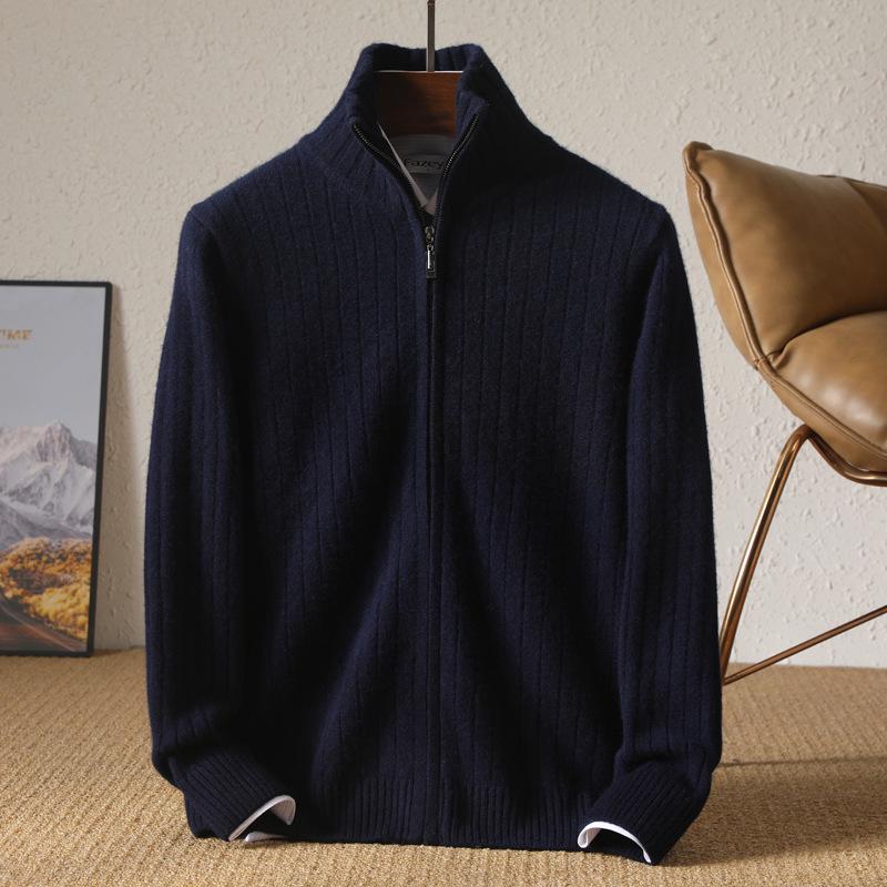 Herren Cardigan 100% Reine Wolle mit Reißverschluss: Herbst/Winter Schlank geschnittener Pullover mit vertikalem Rippstrick und Reverskragen.