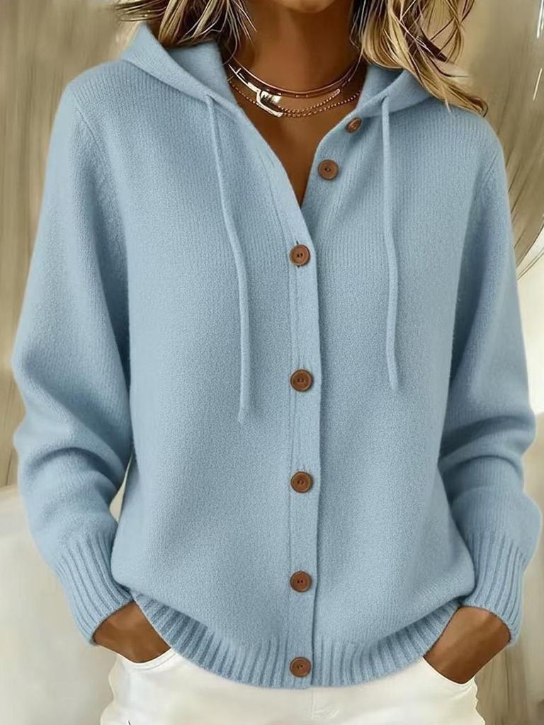 European and American Button Knit Hooded Cardigan Jacket - Autumn/Winter Style, Solid Color Casual Fashion for Women.