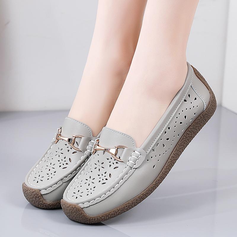 Fashion New Women Flats Shoes Genuine Leather Shoes Ballet Flats Ballerines Flats Walking Hollow Out Breathable Women's Moccasins