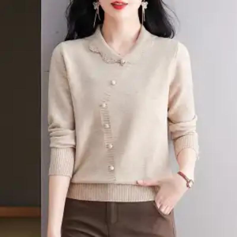 Knitted Solid Color Age-reducing Sweater Lapel New Style Loose Base Top