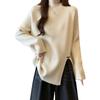 Women's Plus Size Ribbed Knit Split Long Sleeve Top, Autumn/Winter Korean Style, Half-High Neck, Loose Slimming Fit