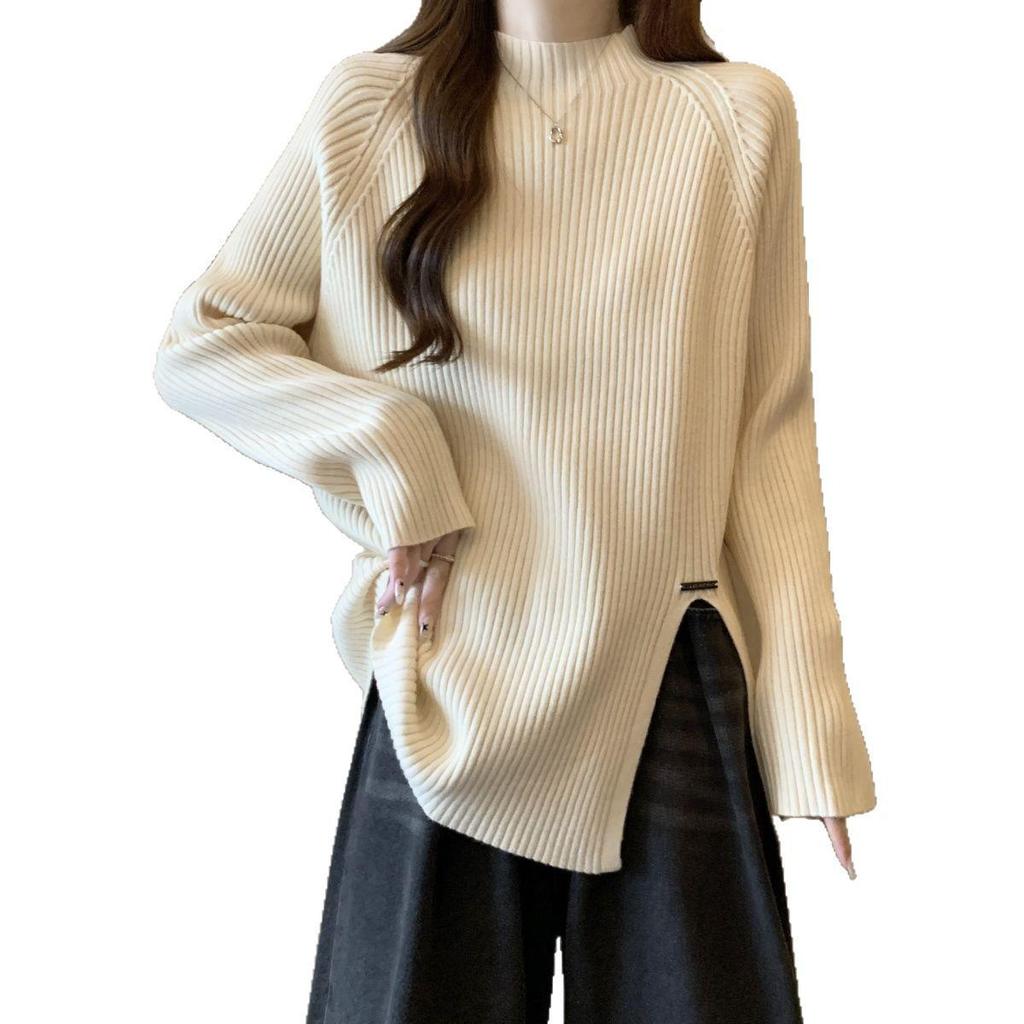 Women's Plus Size Ribbed Knit Split Long Sleeve Top, Autumn/Winter Korean Style, Half-High Neck, Loose Slimming Fit