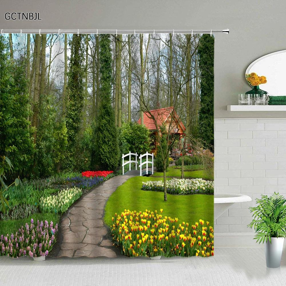 Park Garden Tree Flower Pond Nature Landscape Shower Curtain Bathroom Polyester Waterproof Fabric Curtains Home Bathtub Decor