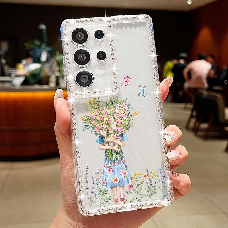 Floral Print Diamond Frame Phone Case For Samsung S25 Edge S24 FE S23 Ultra S22 A56 A36 A16 A15 A55 A35 Clear Shockproof Soft Silicone Cover