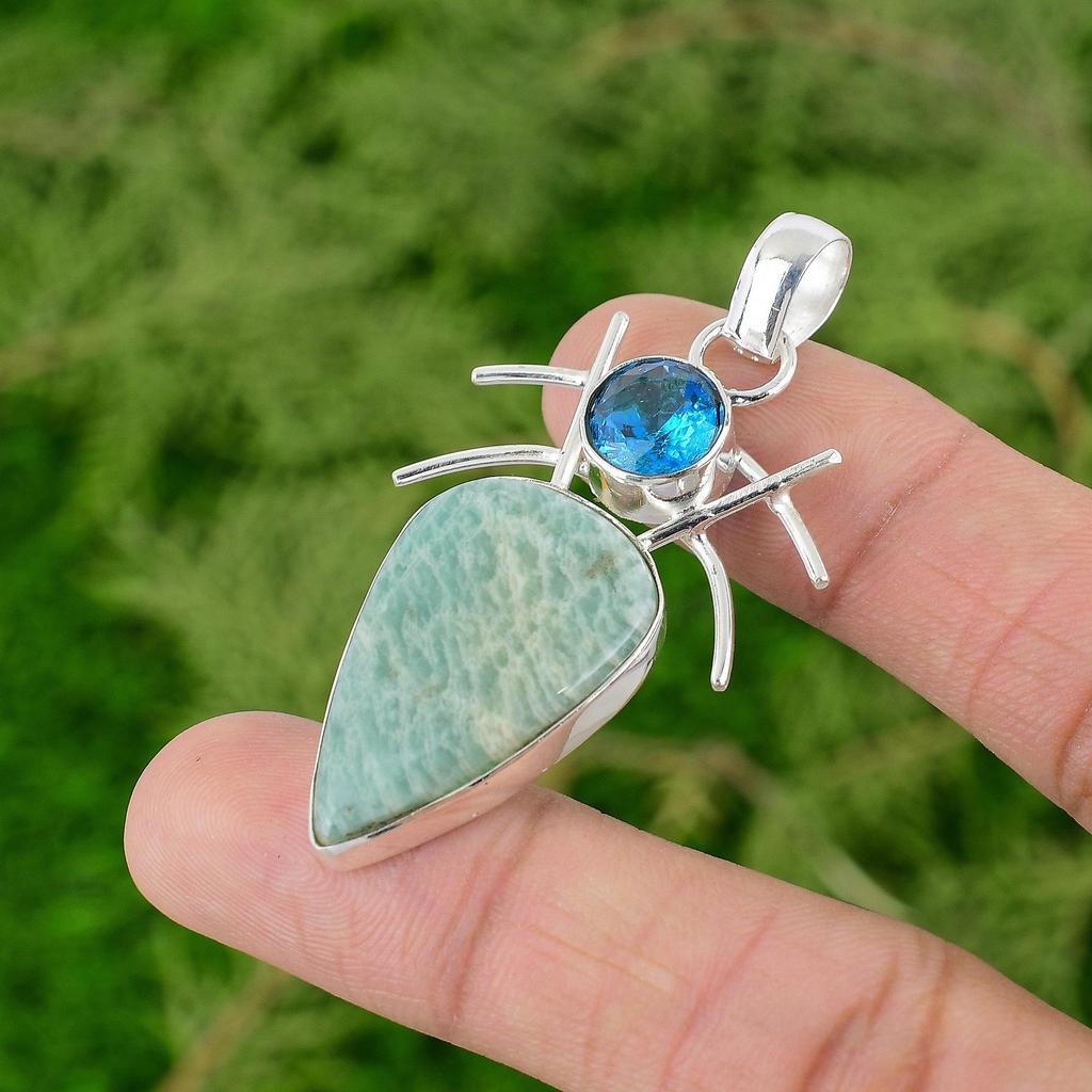 Sterling Silver Natural Amazonite Swiss Blue Topaz Birthday Boho Pendant Jewelry