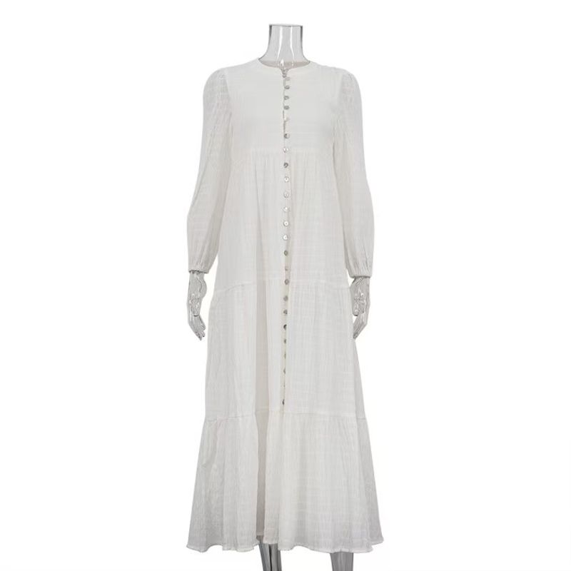 

Новое поступление Французский хлопок Сборки Повседневное платье круглый вырез Длинные рукава Кардиган Белое платье Платье-кардиган White S