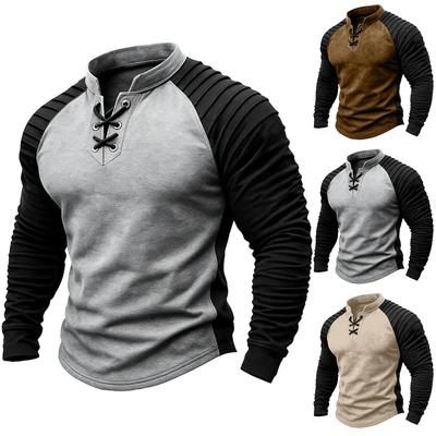 Men's Suede Patchwork Drawstring Collar Long-Sleeved Top, Plus Size Sports Long-Sleeved Top
