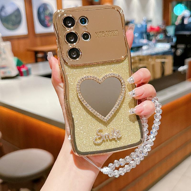 Love Mirror Glitter With Hand Lanyard Case For Samsung Galaxy S25 S24 S23 FE S22 Ultra Plus S25 Edge Cover Electroplated Coque