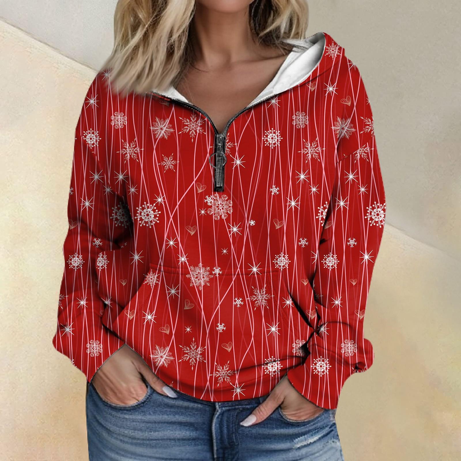 

Женская свободная толстовка с капюшоном на молнии и длинными рукавами с рождественским принтом и карманами XXXL винный