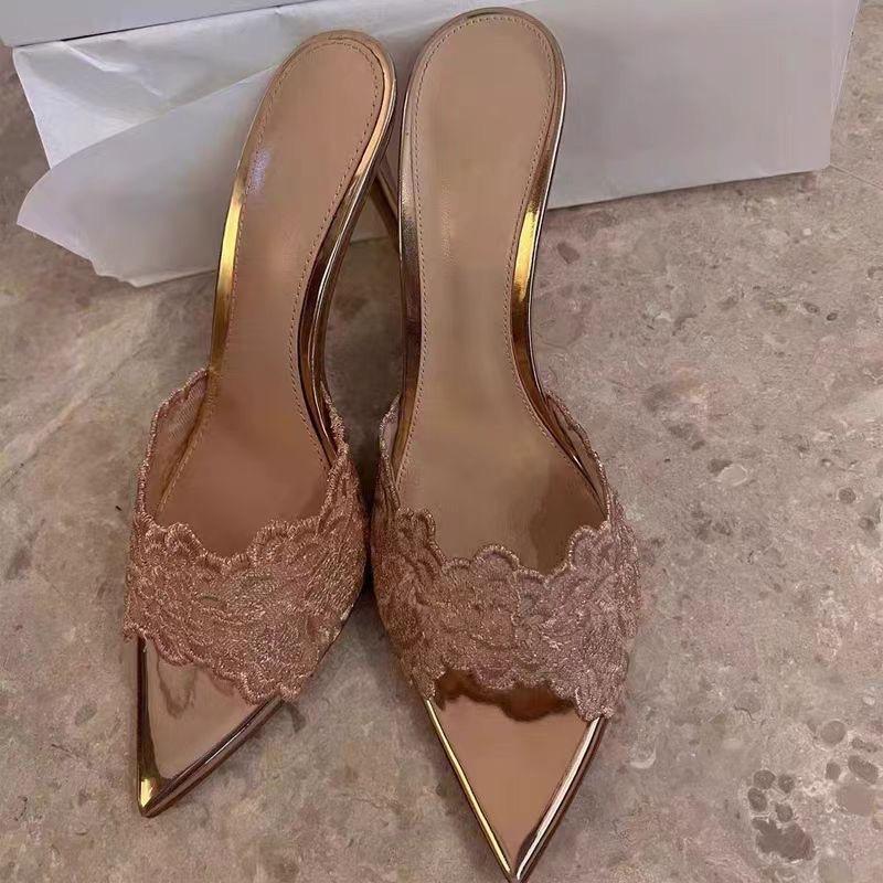 Beautiful design high heels female Internet celebrity explosion thin lace high heel sandals thin heel pointed embroidered cool slippers