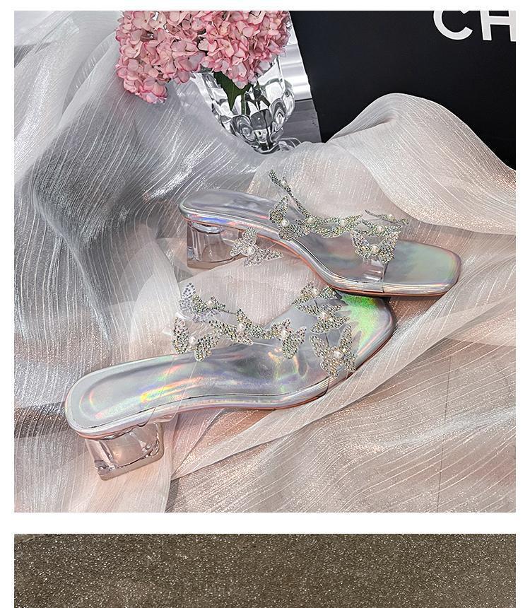 Fairy wind sandals female thick heel 2025 summer new pearl rhinestone butterfly transparent crystal heel half drag square head sandals