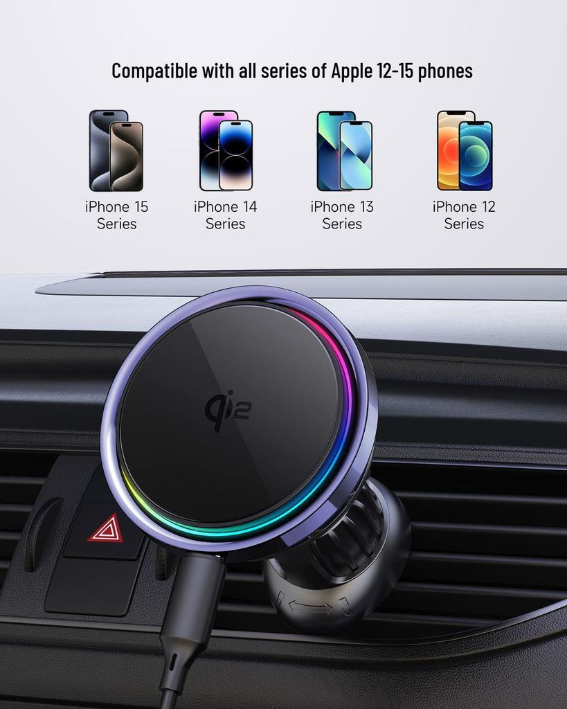 QI2 Magnetic Wireless Car Charger with LED Light and Fast Cooling