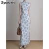 New Style Blue and White Porcelain Floral Sleeveless Modified Cheongsam Summer Waist-Defined Gored Back Peplum Dress