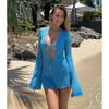 Holiday Hollow Out Mini Dress Women Knit Lace Up Long Flare Sleeve Beach Dresses, Lady Vacation Solid Vestidos