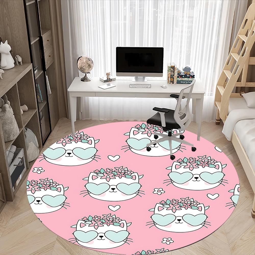 1PC Cat Floral Office Round Area Rug, Mat Suitable For Office, Under Office Chairs Bedroom Living Room Home Decor, Room Deco
