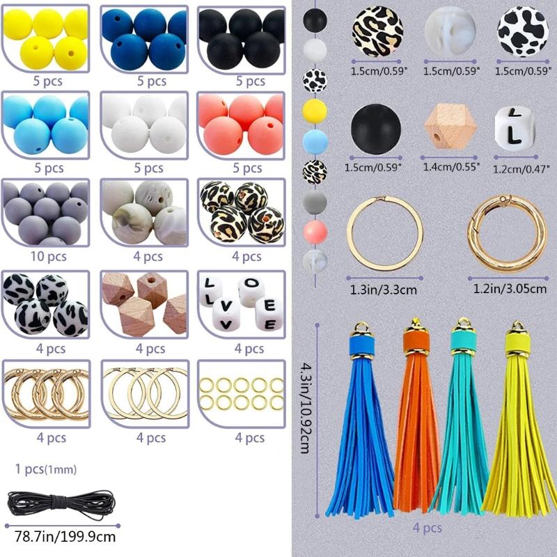 Beaded Making Kit for Bracelet Car Wristlet Keychain Contains 15mm Round Letter Beaded Leather Tassel Elastic for Key Ri