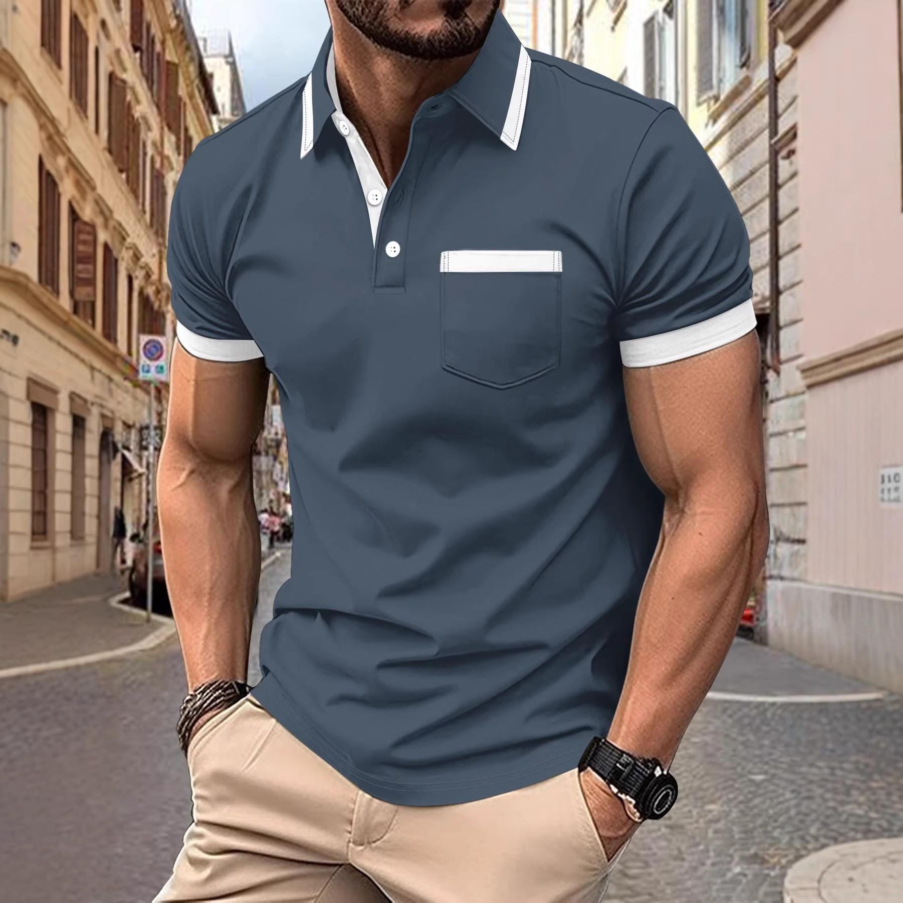 

Summer Men New Short Sleeve Spell Color Polo Shirt Men Business Casual Lapel Golf Polo Shirt Tops 100% Polyester 3XL сірий
