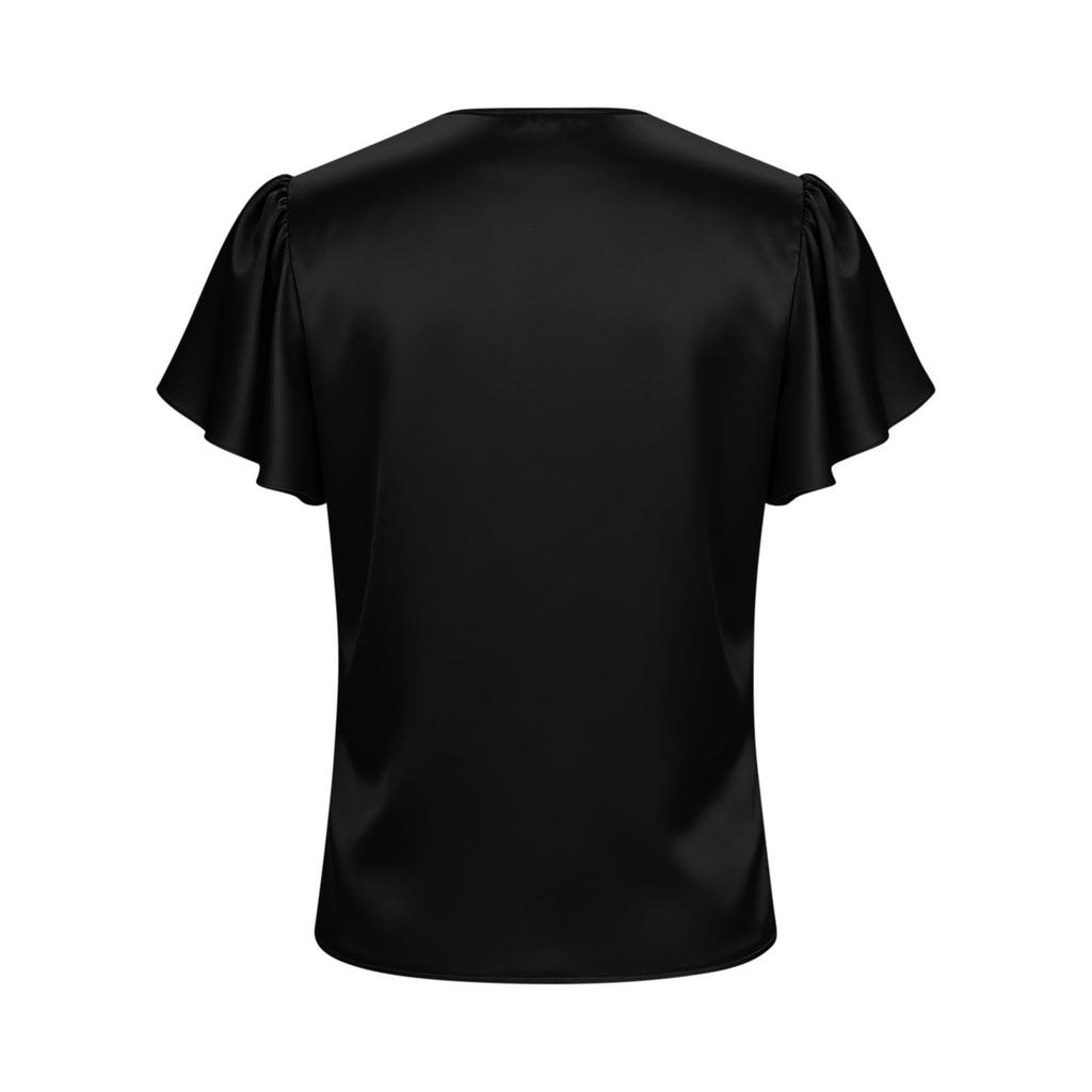 Modna damska koszula top z dekoltem V w kolorze, plisowana, luźna, z falbankowym brzegiem, z krótkim rękawem