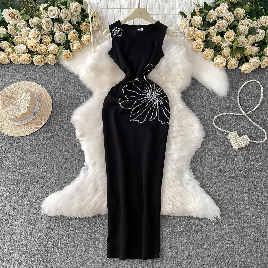 Dinner Party Dress Women's Summer High Sense Hot Diamond Flower V-Neck Sleeveless Slim Skinny Split Dress