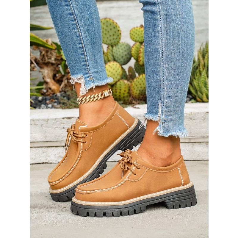 Women's Block Heel Non Slip Lace Up Leather Shoes Spring Autumn Solid Color British Style Loafers
