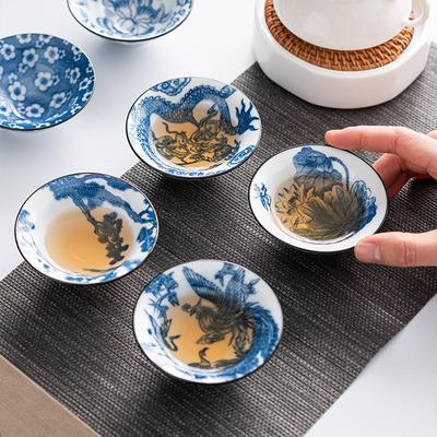 Ceșcuță de ceai kung fu retro albastră și albă din ceramică, set de ceai, ceașcă unică, ceașcă pentru degustare ceai, ceașcă pălărie, ceașcă de maestru de casă, ceașcă de ceai, set bol de ceai