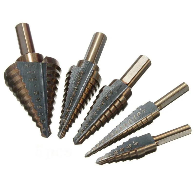 5pc British System Roasted Yellow Triangular Straight Groove Step Drill Blackened Pagoda Drill Hole Opener Aluminum Box Tool