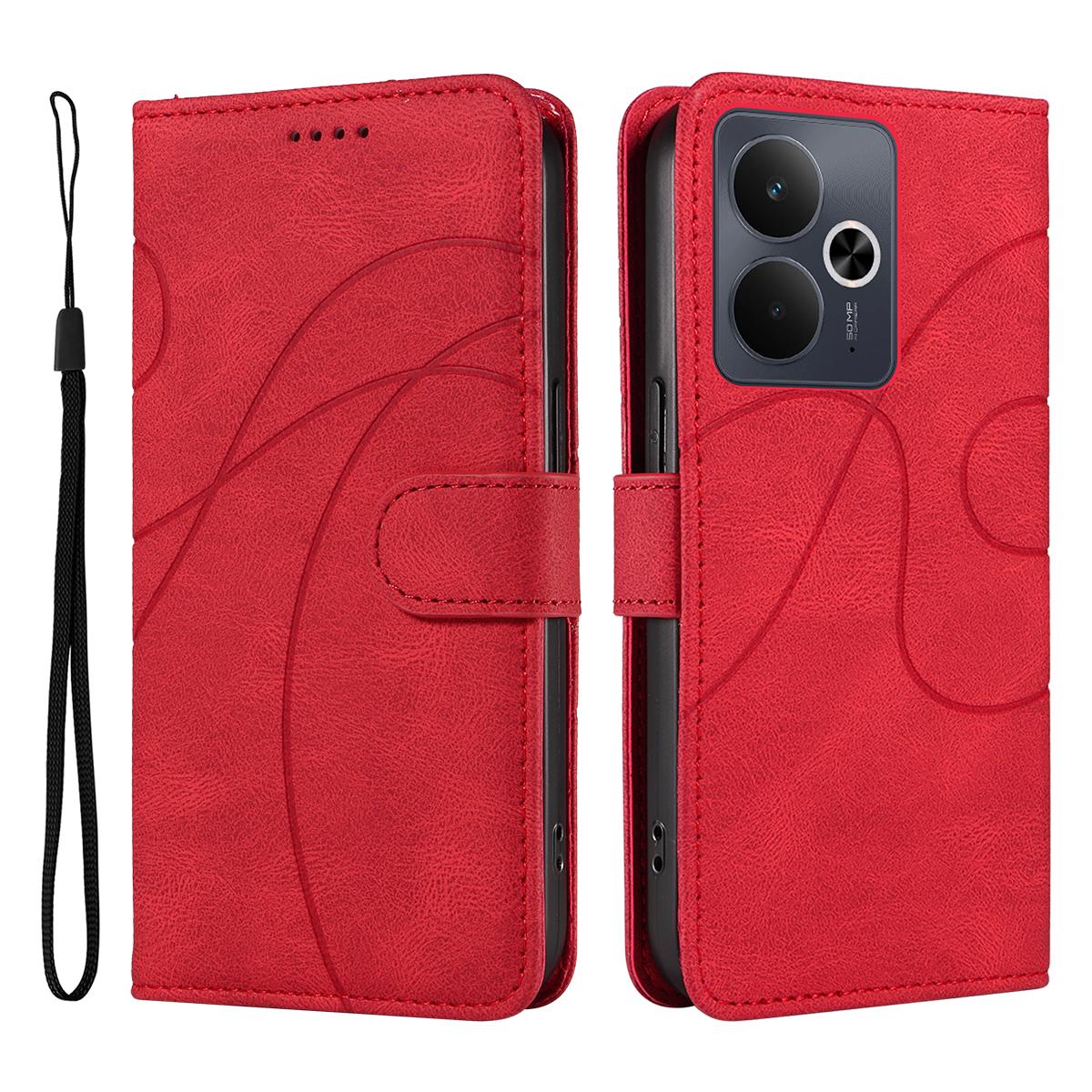 

Для Realme 14T 5G/Realme 14 5G Чехол-кошелек Кожаный чехол для телефона Подставка с дизайном изогнутых линий Red