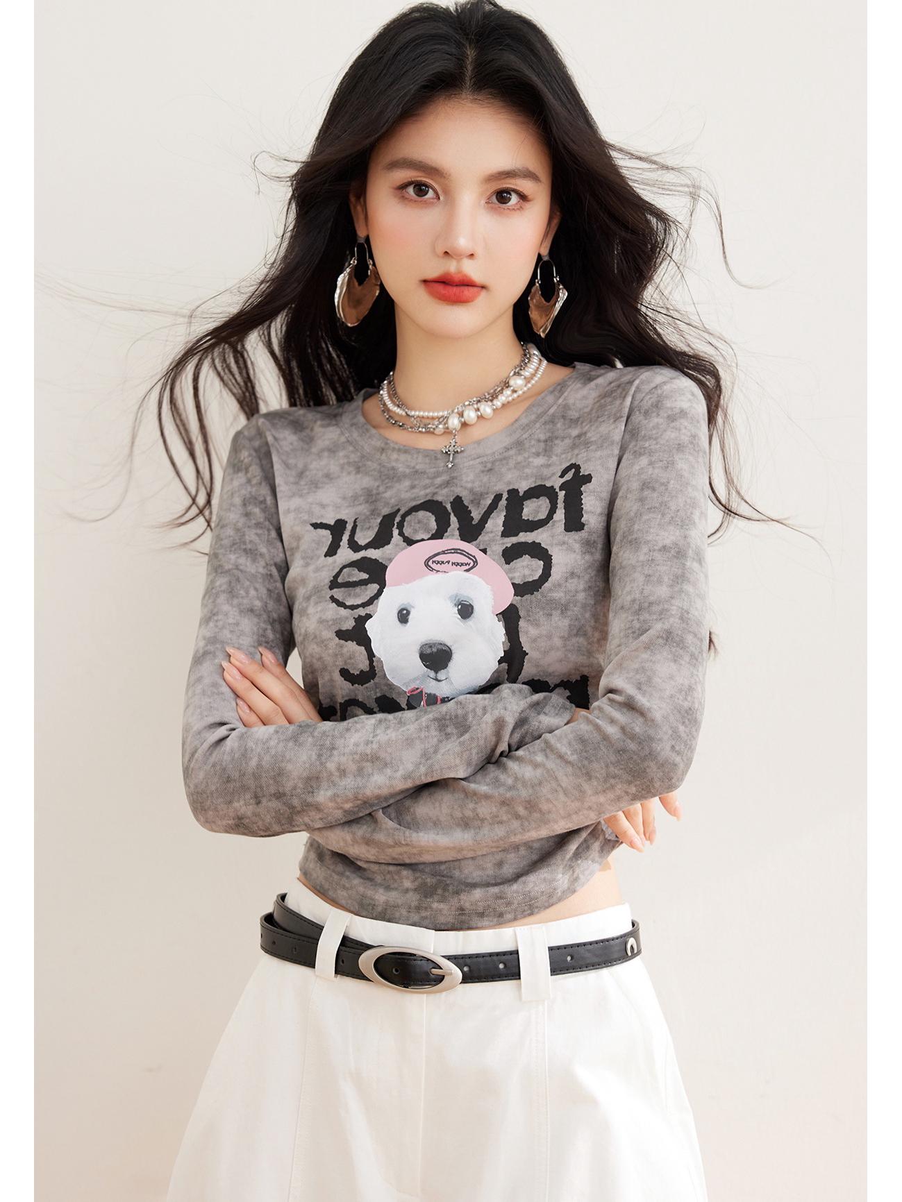 

В наличии Футболка с длинным рукавом и принтом щенка в стиле ретро с эффектом потертости и сборками Large