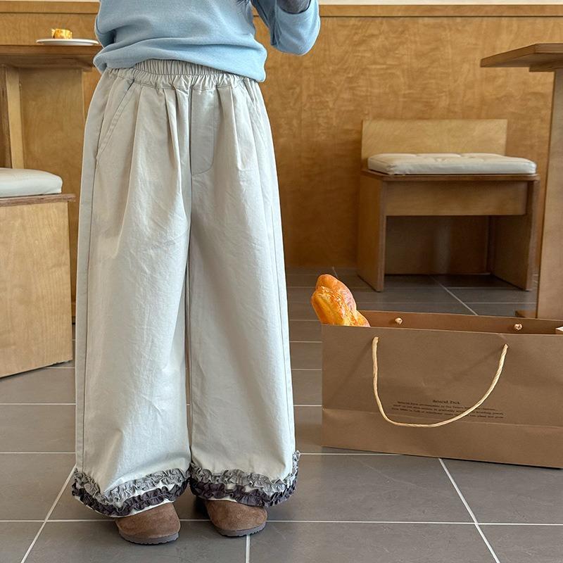 Kids Girls Lace Trim Straight Leg Solid Casual Daily Long Pants