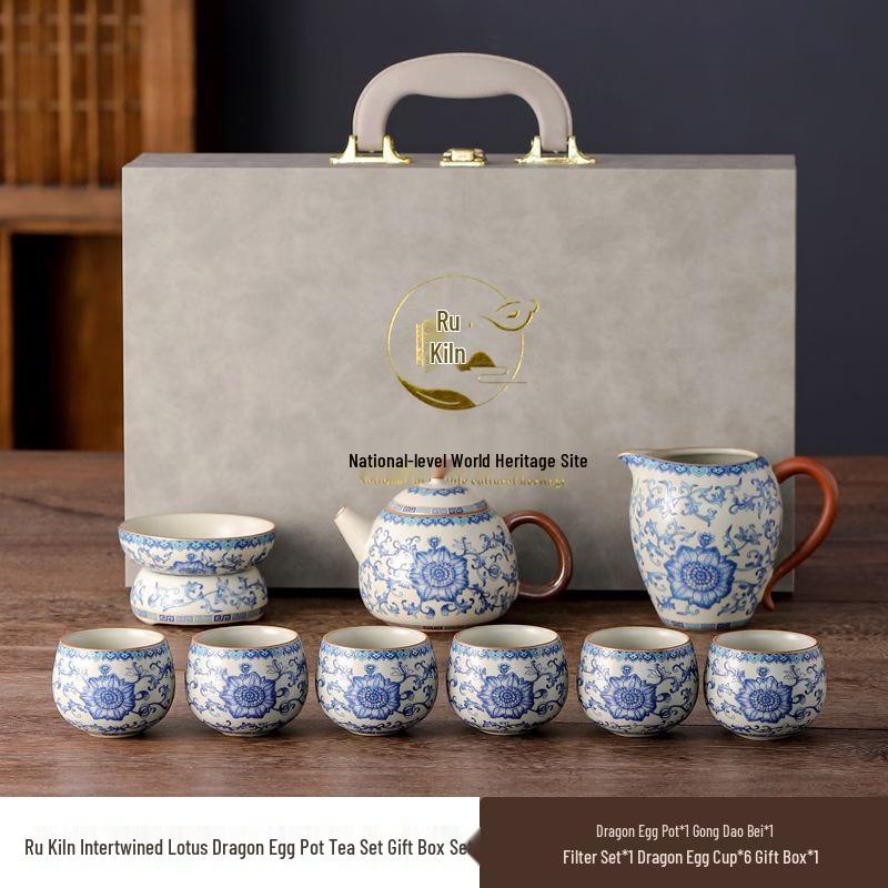 Chaxun Ru Kiln Blue & White Lotus 10-Piece Ceramic Tea Set