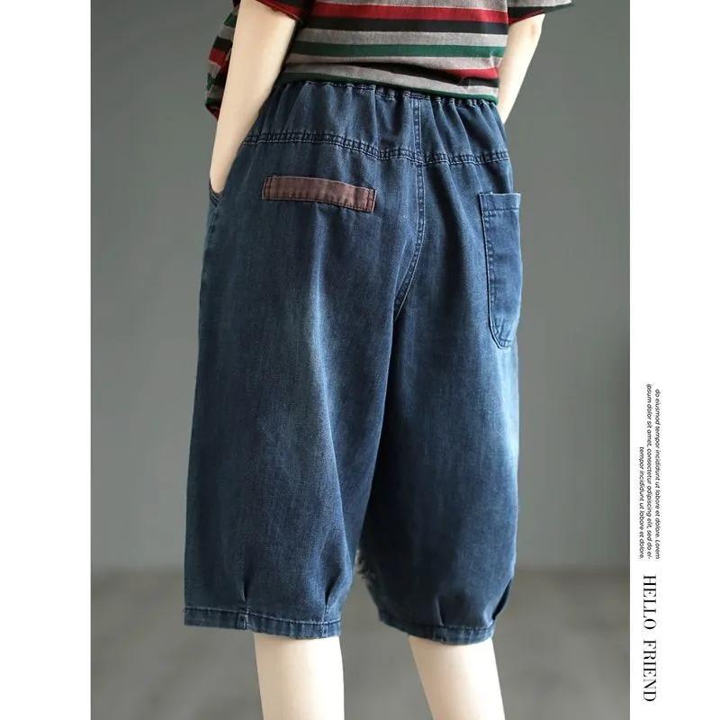 Damen Sommer Kunst Retro Mittellange Hosen Spleißflicken Stoff Sechs-Punkt Jeans Damen Elastischer Bund Lässige Kurze Jeanshosen