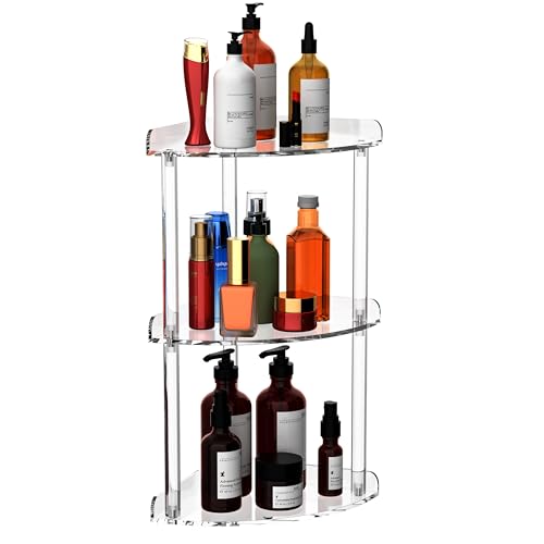 Sezanrpt Three-Tier Desktop Corner Storage Rack, 18x18x40cm | Acrylic Bathroom Desktop Corner Rack | Transparent Vanity Storage for Cosmetics and Toil